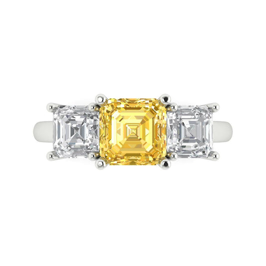 4 cttw Zirconia Simulated Yellow Diamond Three-Stone Engagement Ring - Solid White Gold (VVS1, Square Emerald Cut,7.0X7.0mm)