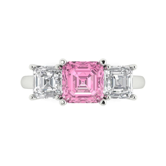 4 cttw Zirconia Simulated Pink Diamond Three-Stone Engagement Ring - Solid White Gold (VVS1, Square Emerald Cut,7.0X7.0mm)