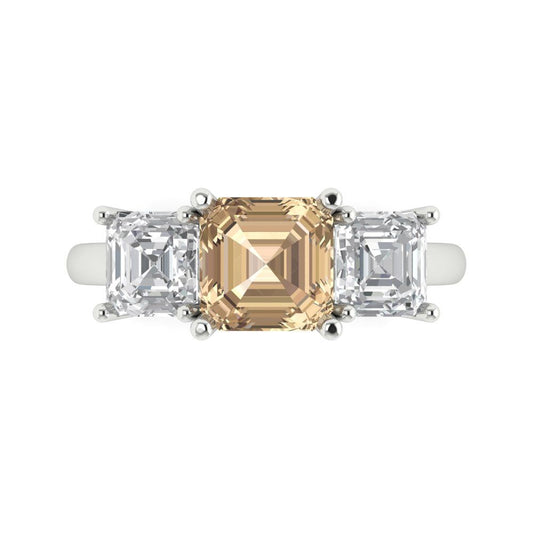 4 cttw Yellow Moissanite Three-Stone Engagement Ring - Solid White Gold (VVS1, Square Emerald Cut,7.0X7.0mm)