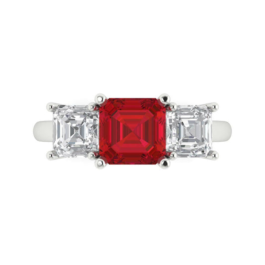 4 cttw Simulated Pink Tourmaline Three-Stone Engagement Ring - Solid White Gold (VVS1, Square Emerald Cut,7.0X7.0mm)