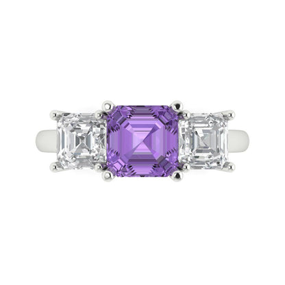 4 cttw Simulated Alexandrite Three-Stone Engagement Ring - Solid Gold (Square Emerald Cut,7.0X7.0mm)