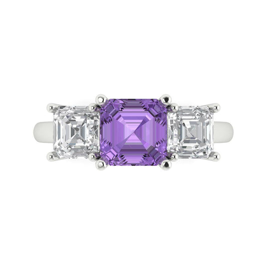 4 cttw Simulated Alexandrite Three-Stone Engagement Ring - Solid White Gold (VVS1, Square Emerald Cut,7.0X7.0mm)