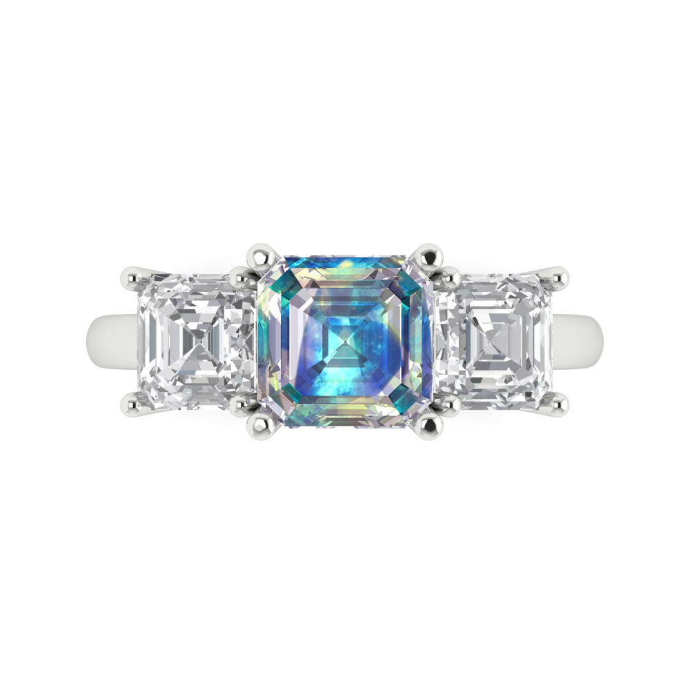 4 cttw Blue Moissanite Three-Stone Engagement Ring - Solid Gold (Square Emerald Cut,7.0X7.0mm)
