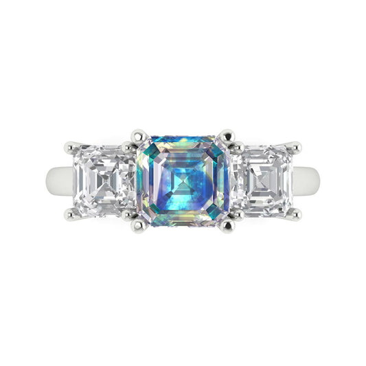 4 cttw Blue Moissanite Three-Stone Engagement Ring - Solid White Gold (VVS1, Square Emerald Cut,7.0X7.0mm)