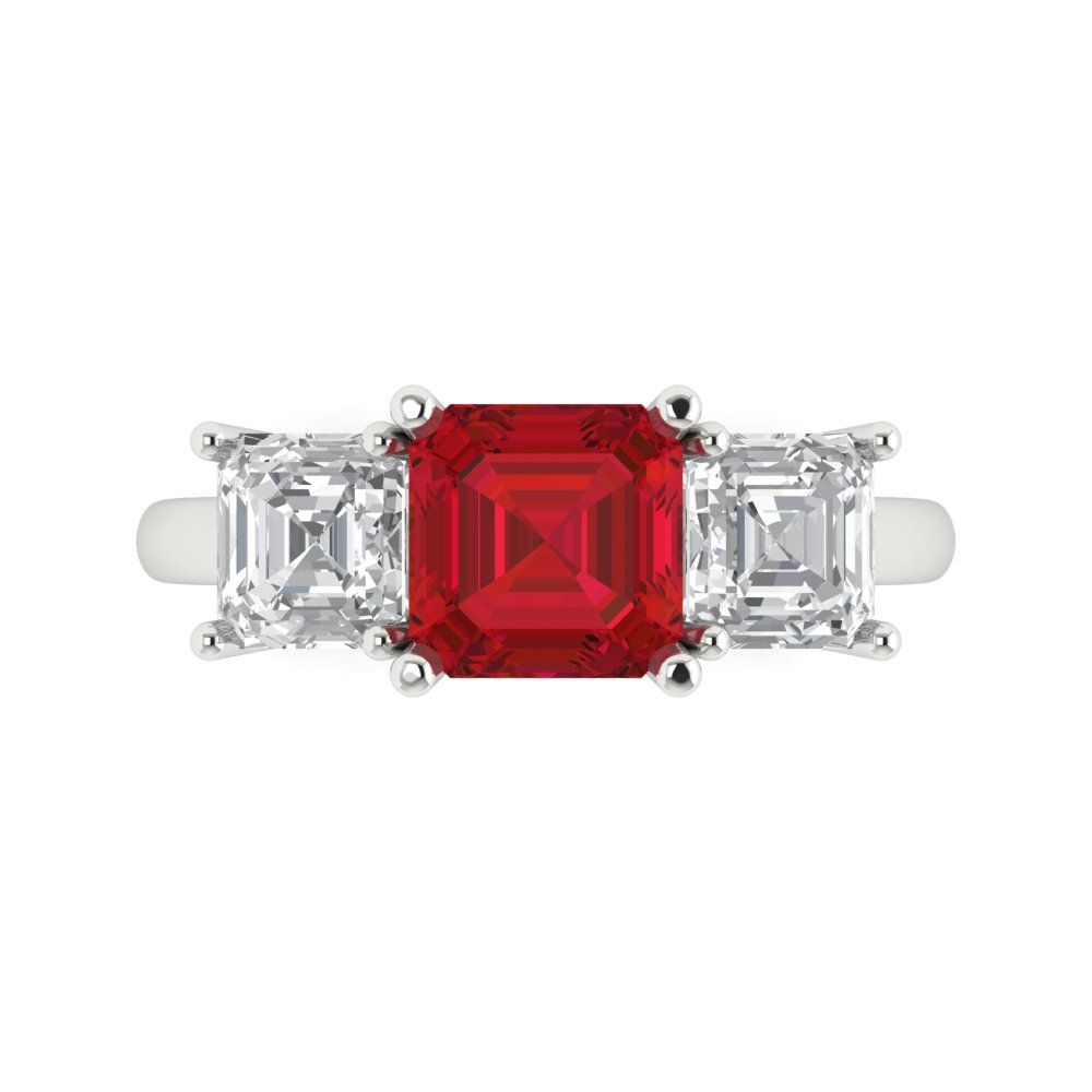 4 cttw Simulated Ruby Three-Stone Engagement Ring - Solid Gold (Square Emerald Cut,7.0X7.0mm)