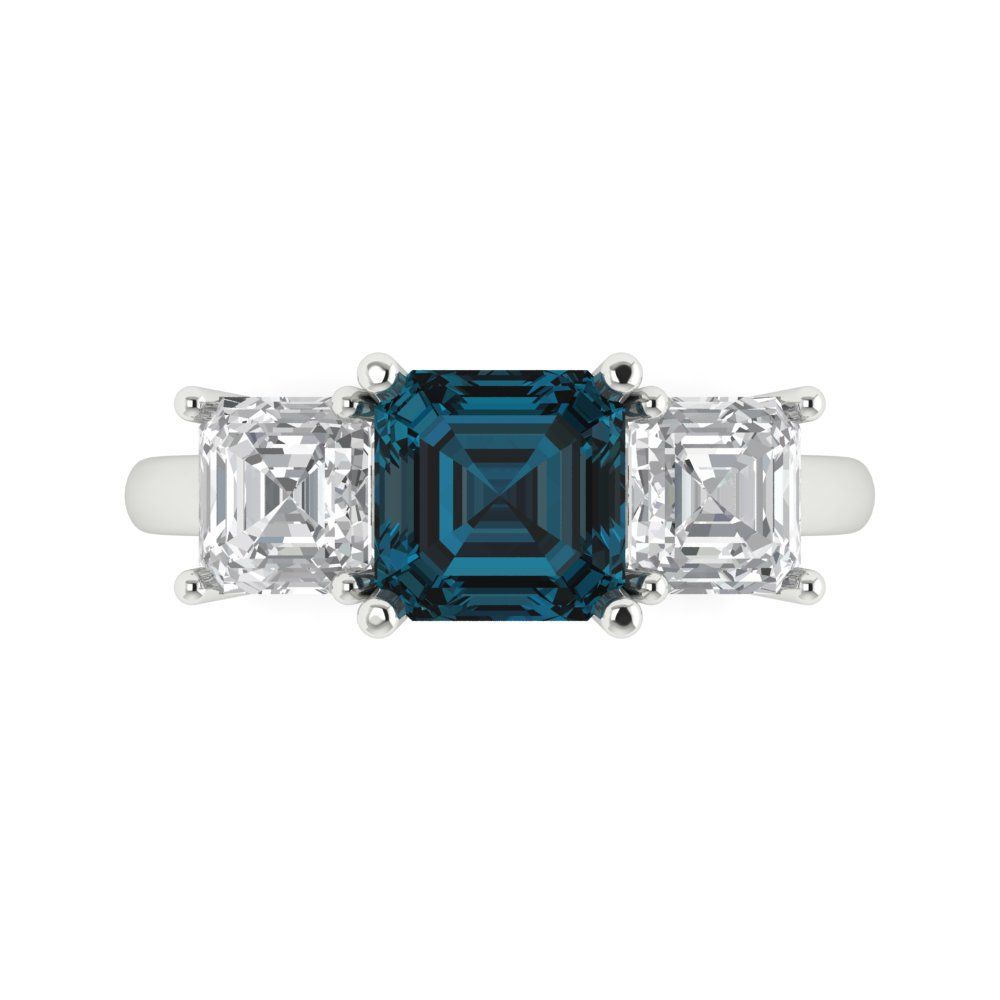 4 cttw Natural London Blue Topaz Three-Stone Engagement Ring - Solid Gold (Square Emerald Cut,7.0X7.0mm)
