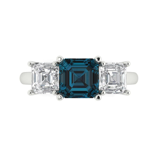 4 cttw Natural London Blue Topaz Three-Stone Engagement Ring - Solid White Gold (VVS1, Square Emerald Cut,7.0X7.0mm)