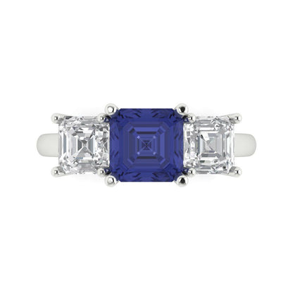 4 cttw Simulated Tanzanite Three-Stone Engagement Ring - Solid Gold (Square Emerald Cut,7.0X7.0mm)