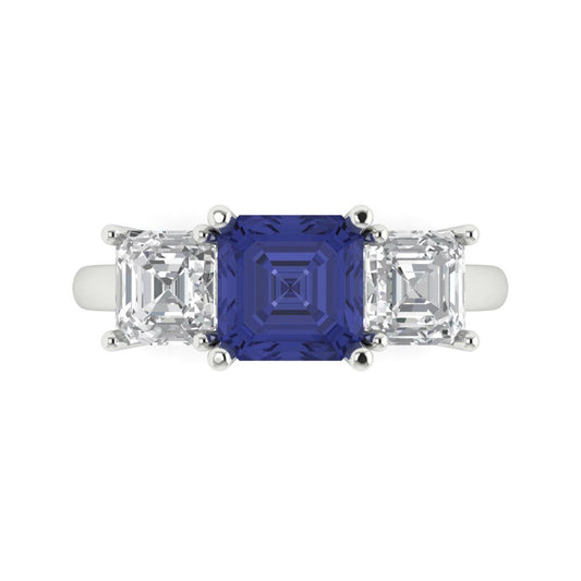 4 cttw Simulated Tanzanite Three-Stone Engagement Ring - Solid White Gold (VVS1, Square Emerald Cut,7.0X7.0mm)