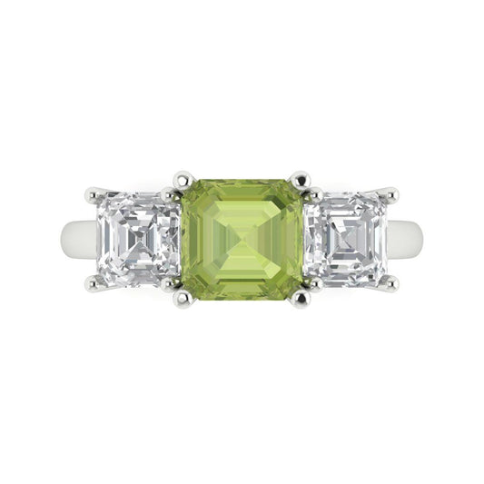 4 cttw Natural Peridot Three-Stone Engagement Ring - Solid White Gold (VVS1, Square Emerald Cut,7.0X7.0mm)