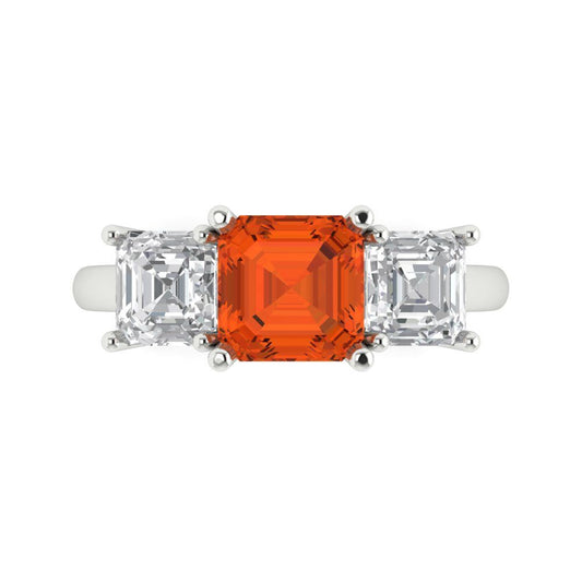 4 cttw Zirconia Simulated Red Diamond Three-Stone Engagement Ring - Solid White Gold (VVS1, Square Emerald Cut,7.0X7.0mm)
