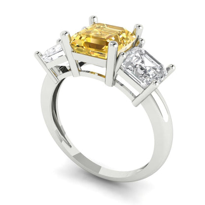 4 cttw Yellow Moissanite Three-Stone Engagement Ring - Solid Gold (Square Emerald Cut,7.0X7.0mm)