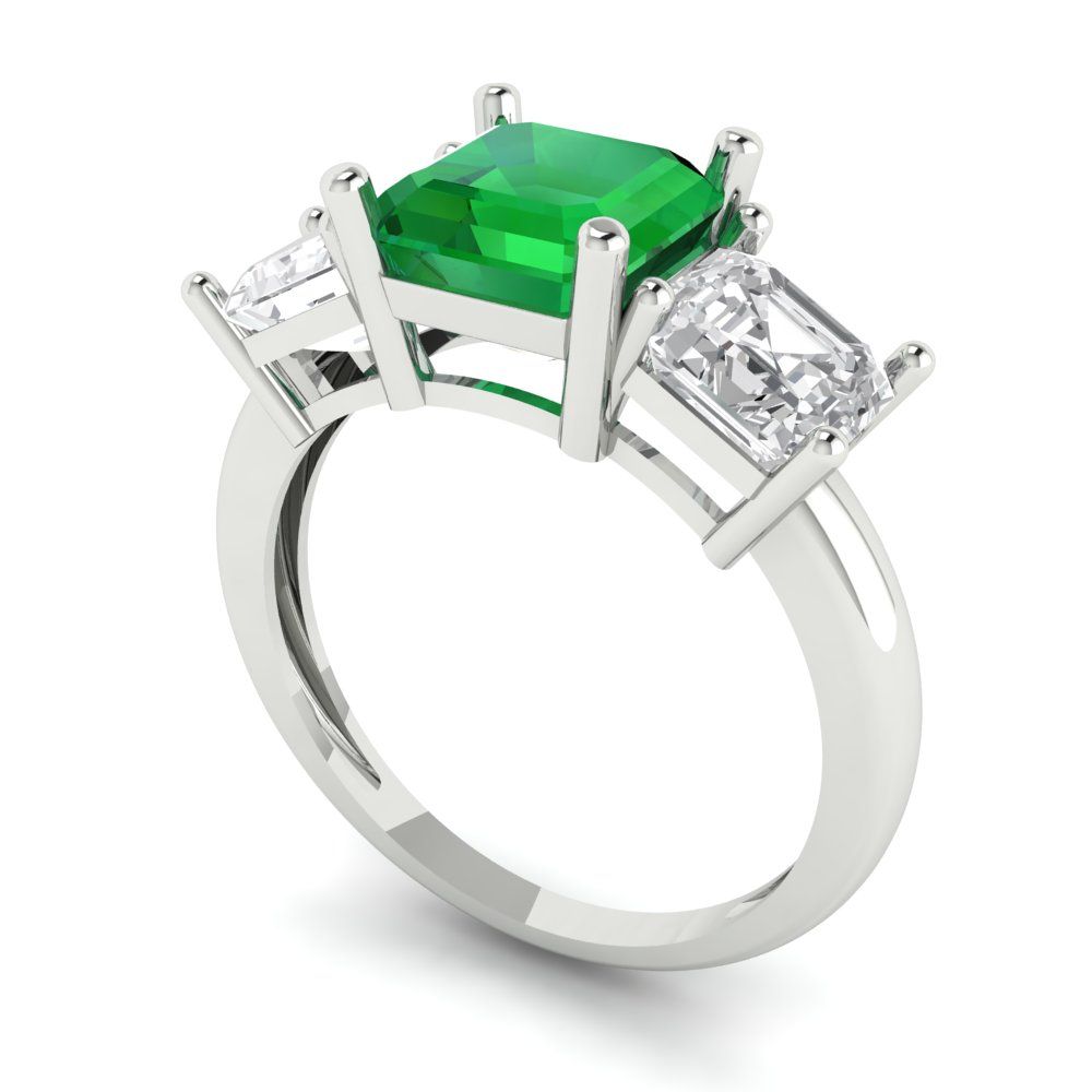 4 cttw Simulated Emerald Three-Stone Engagement Ring - Solid Gold (Square Emerald Cut,7.0X7.0mm)