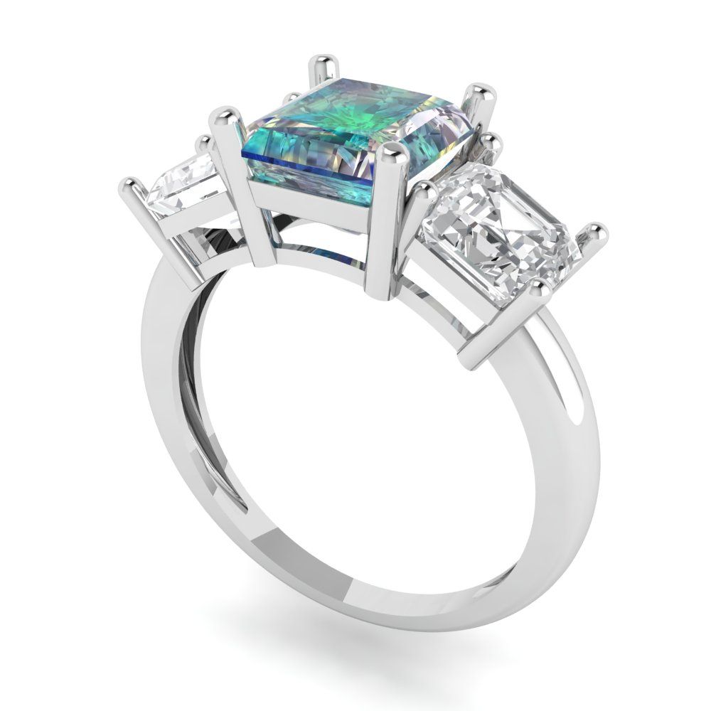 4 cttw Blue Moissanite Three-Stone Engagement Ring - Solid Gold (Square Emerald Cut,7.0X7.0mm)