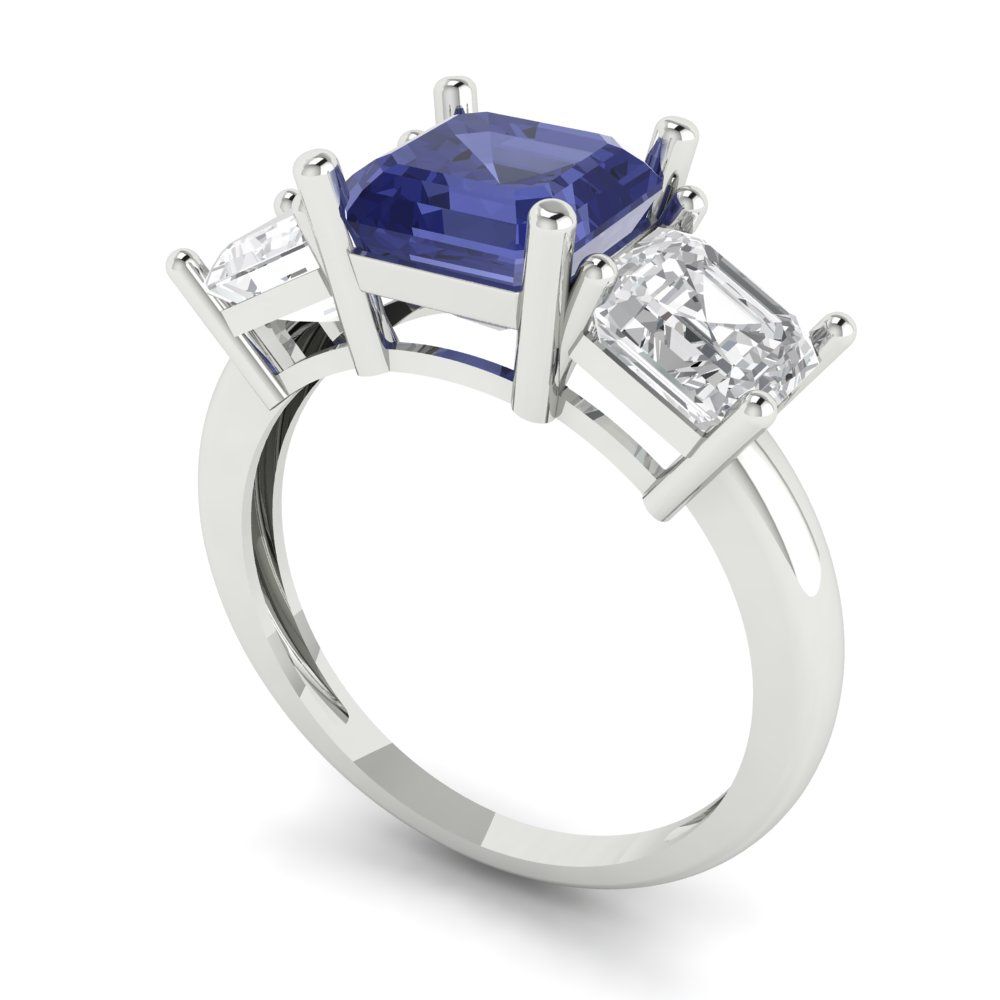 4 cttw Simulated Tanzanite Three-Stone Engagement Ring - Solid Gold (Square Emerald Cut,7.0X7.0mm)