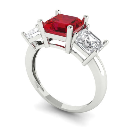 4 cttw Simulated Pink Tourmaline Three-Stone Engagement Ring - Solid Gold (Square Emerald Cut,7.0X7.0mm)