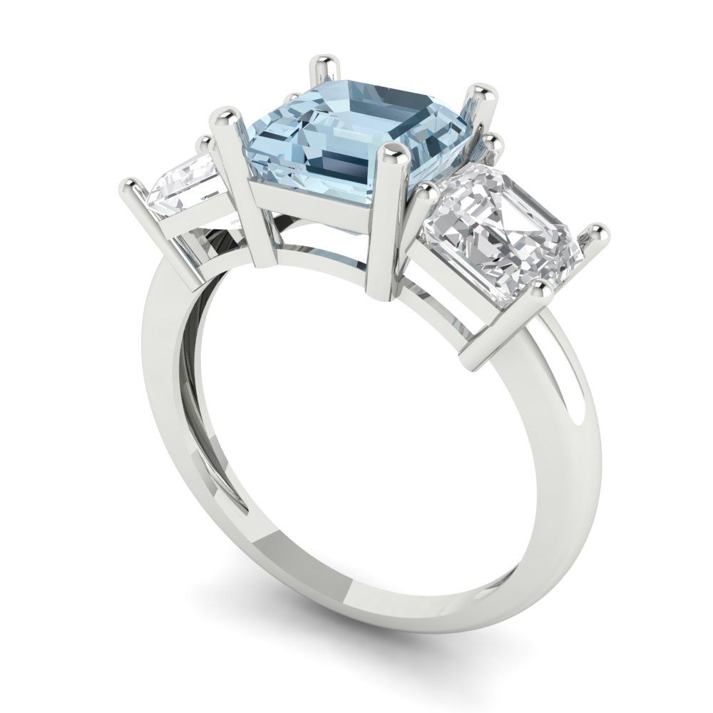 4 cttw Natural Swiss Blue Topaz Three-Stone Engagement Ring - Solid Gold (Square Emerald Cut,7.0X7.0mm)