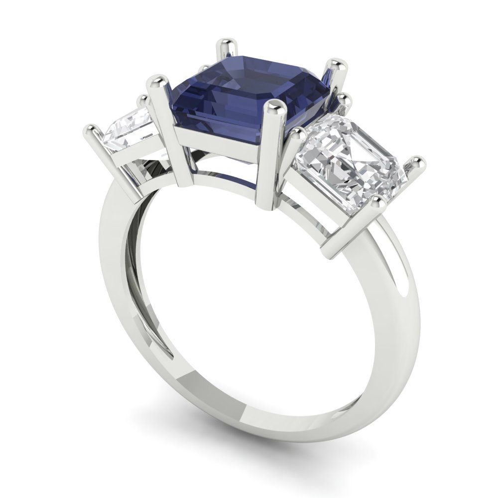 4 cttw Simulated Blue Sapphire Three-Stone Engagement Ring - Solid Gold (Square Emerald Cut,7.0X7.0mm)