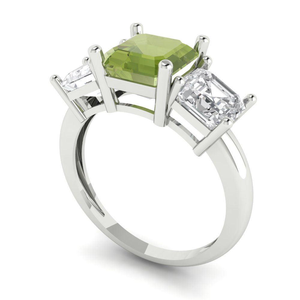 4 cttw Natural Peridot Three-Stone Engagement Ring - Solid Gold (Square Emerald Cut,7.0X7.0mm)