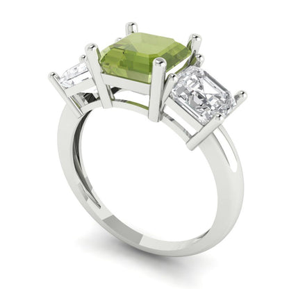 4 cttw Natural Peridot Three-Stone Engagement Ring - Solid Gold (Square Emerald Cut,7.0X7.0mm)