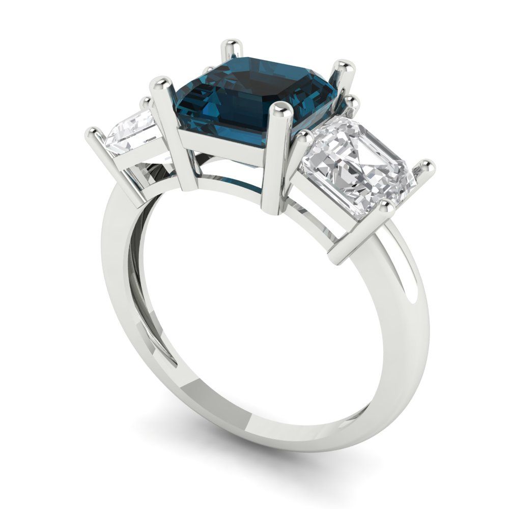4 cttw Natural London Blue Topaz Three-Stone Engagement Ring - Solid Gold (Square Emerald Cut,7.0X7.0mm)