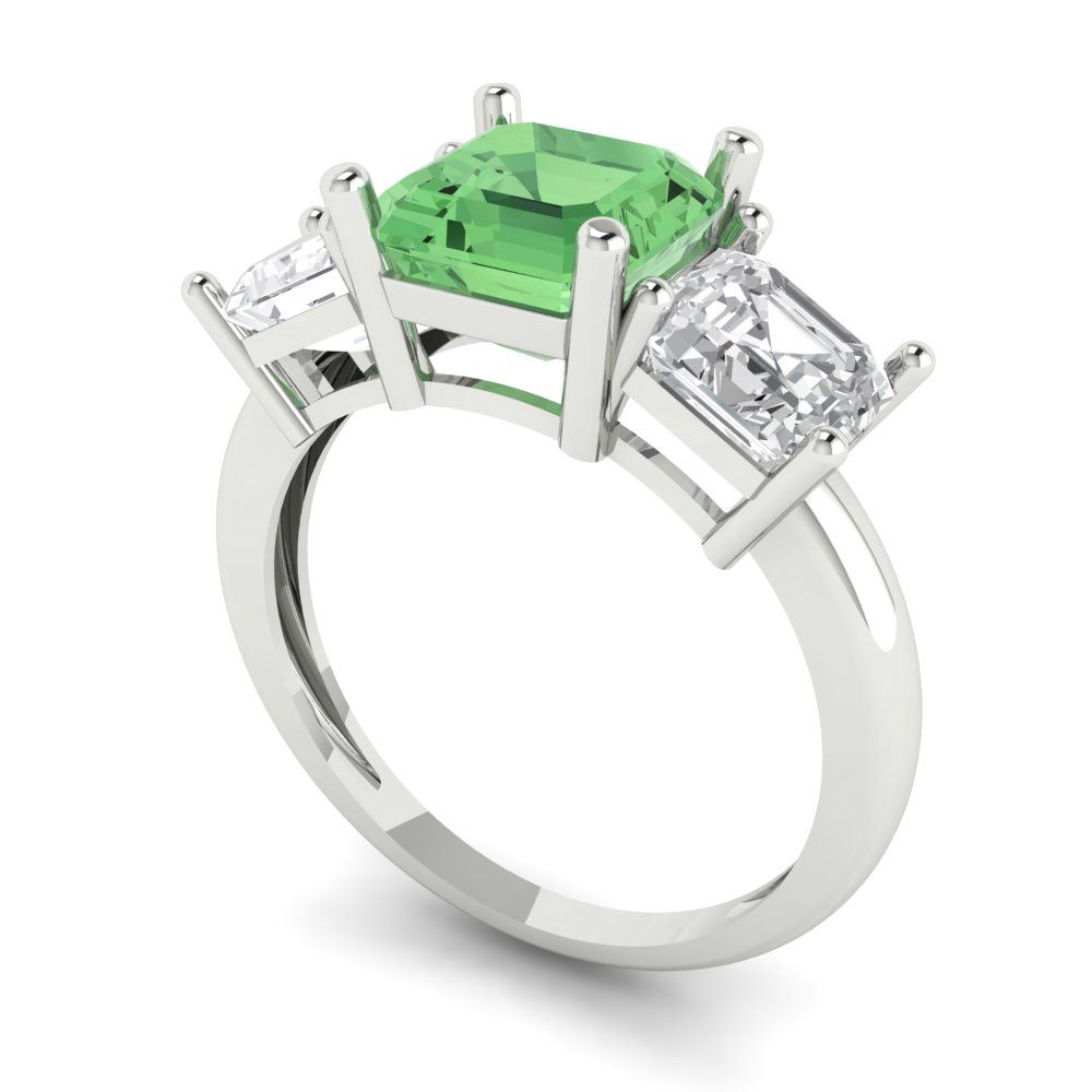 4 cttw Zirconia Simulated Green Diamond Three-Stone Engagement Ring - Solid Gold (VVS1, Square Emerald Cut,7.0X7.0mm)