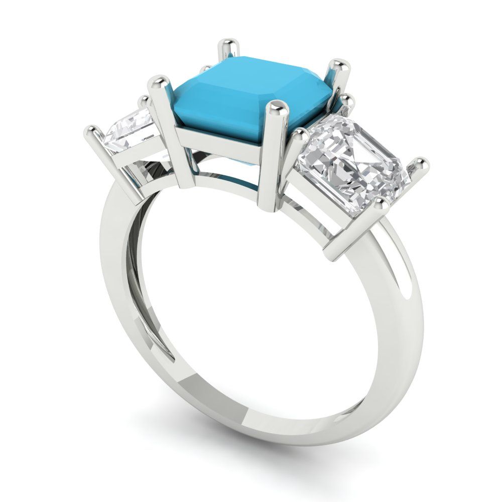 4 cttw Simulated Turquoise Three-Stone Engagement Ring - Solid Gold (Square Emerald Cut,7.0X7.0mm)