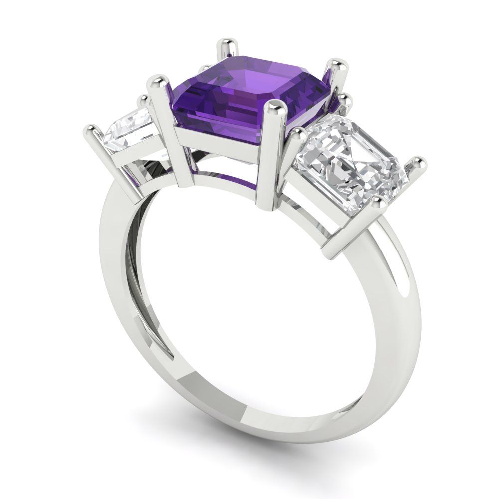 4 cttw Natural Amethyst Three-Stone Engagement Ring - Solid Gold (Square Emerald Cut,7.0X7.0mm)