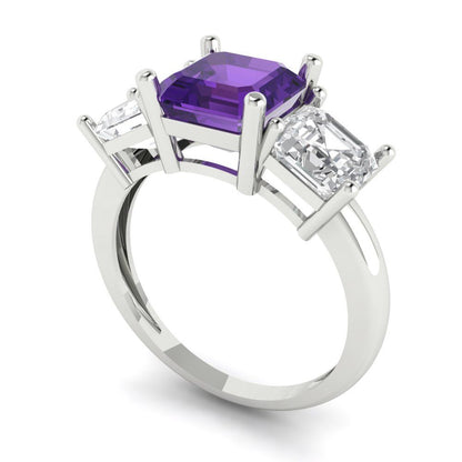 4 cttw Natural Amethyst Three-Stone Engagement Ring - Solid Gold (Square Emerald Cut,7.0X7.0mm)