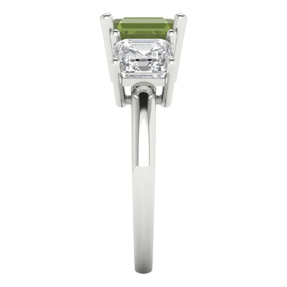 4 cttw Natural Peridot Three-Stone Engagement Ring - Solid Gold (Square Emerald Cut,7.0X7.0mm)
