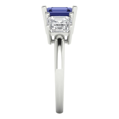 4 cttw Simulated Tanzanite Three-Stone Engagement Ring - Solid Gold (Square Emerald Cut,7.0X7.0mm)