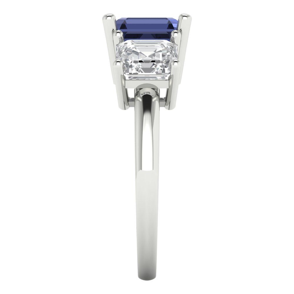 4 cttw Simulated Blue Sapphire Three-Stone Engagement Ring - Solid Gold (Square Emerald Cut,7.0X7.0mm)