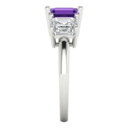 4 cttw Natural Amethyst Three-Stone Engagement Ring - Solid Gold (Square Emerald Cut,7.0X7.0mm)