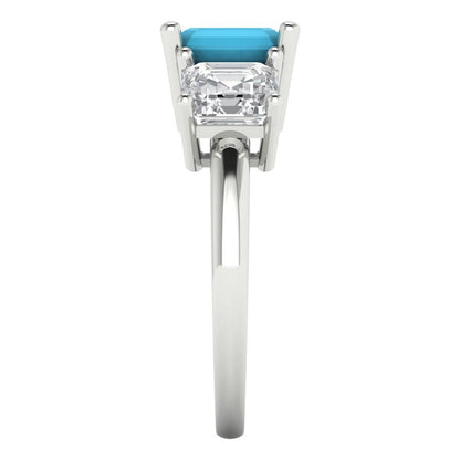 4 cttw Simulated Turquoise Three-Stone Engagement Ring - Solid Gold (Square Emerald Cut,7.0X7.0mm)