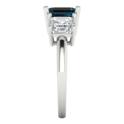 4 cttw Natural London Blue Topaz Three-Stone Engagement Ring - Solid Gold (Square Emerald Cut,7.0X7.0mm)