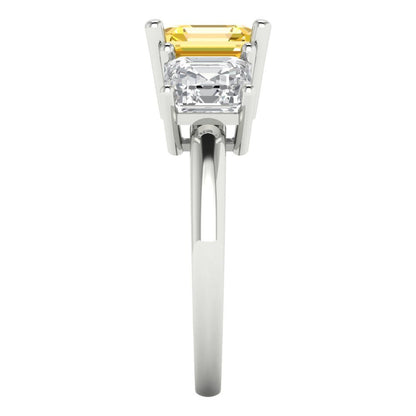 4 cttw Zirconia Simulated Yellow Diamond Three-Stone Engagement Ring - Solid Gold (VVS1, Square Emerald Cut,7.0X7.0mm)