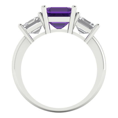 4 cttw Natural Amethyst Three-Stone Engagement Ring - Solid Gold (Square Emerald Cut,7.0X7.0mm)