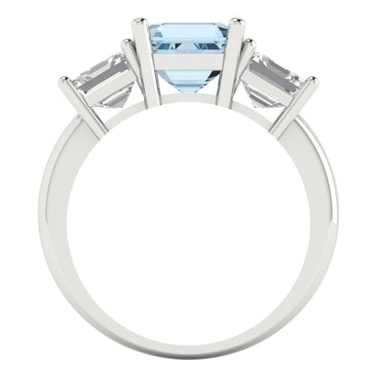 4 cttw Natural Swiss Blue Topaz Three-Stone Engagement Ring - Solid Gold (Square Emerald Cut,7.0X7.0mm)
