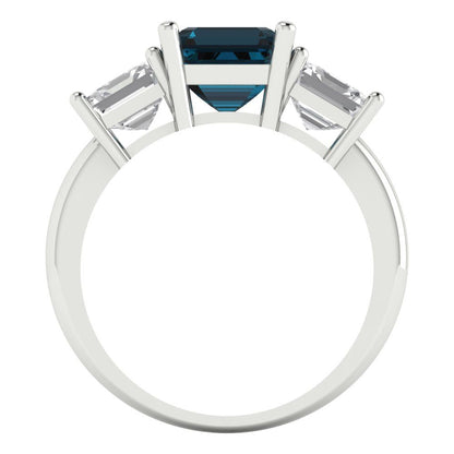 4 cttw Natural London Blue Topaz Three-Stone Engagement Ring - Solid Gold (Square Emerald Cut,7.0X7.0mm)