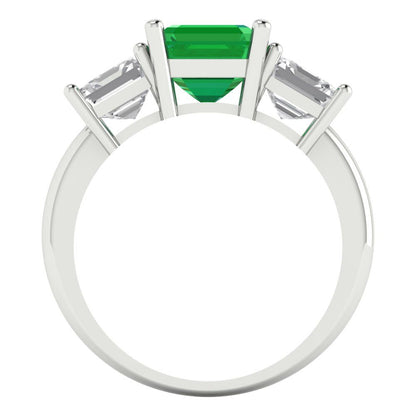 4 cttw Simulated Emerald Three-Stone Engagement Ring - Solid Gold (Square Emerald Cut,7.0X7.0mm)