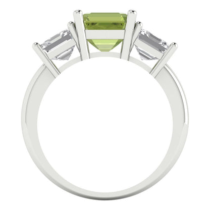 4 cttw Natural Peridot Three-Stone Engagement Ring - Solid Gold (Square Emerald Cut,7.0X7.0mm)
