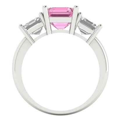 4 cttw Zirconia Simulated Pink Diamond Three-Stone Engagement Ring - Solid Gold (VVS1, Square Emerald Cut,7.0X7.0mm)