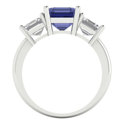 4 cttw Simulated Tanzanite Three-Stone Engagement Ring - Solid Gold (Square Emerald Cut,7.0X7.0mm)