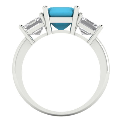 4 cttw Simulated Turquoise Three-Stone Engagement Ring - Solid Gold (Square Emerald Cut,7.0X7.0mm)