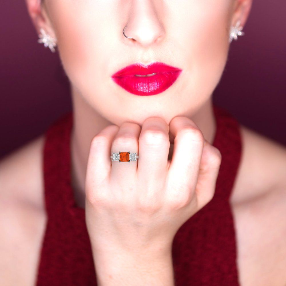 4 cttw Zirconia Simulated Red Diamond Three-Stone Engagement Ring - Solid Gold (VVS1, Square Emerald Cut,7.0X7.0mm)