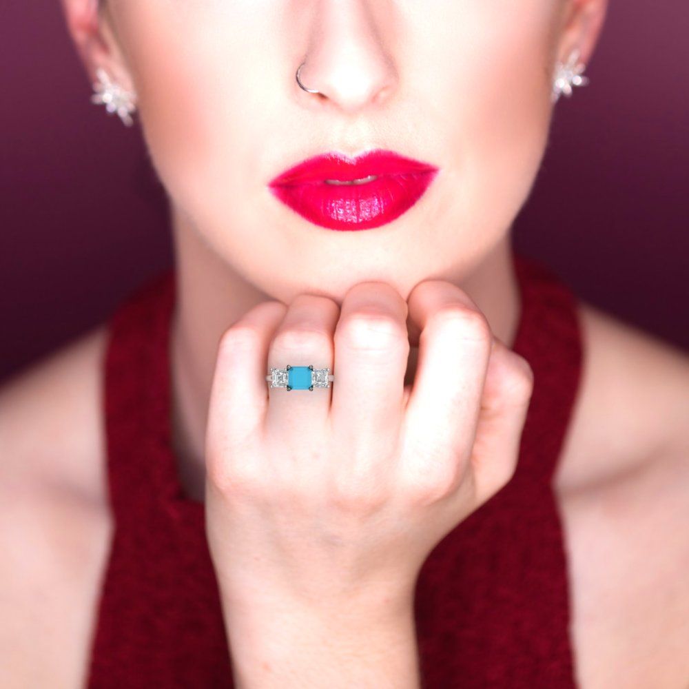 4 cttw Simulated Turquoise Three-Stone Engagement Ring - Solid Gold (Square Emerald Cut,7.0X7.0mm)