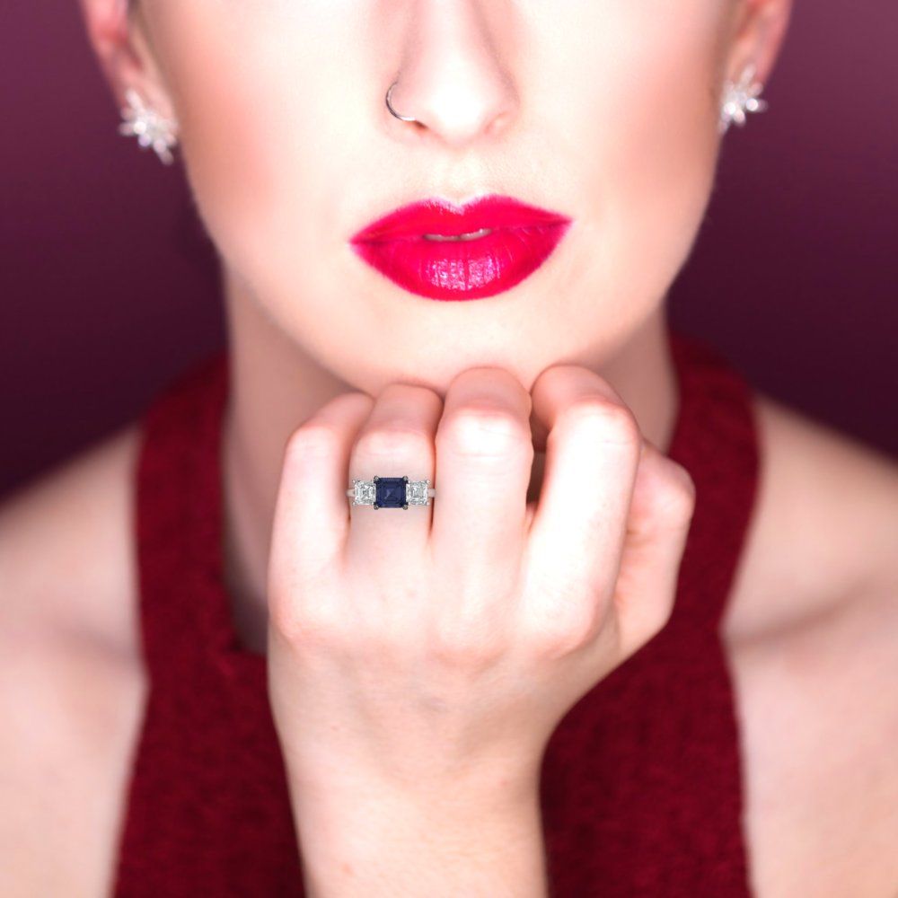 4 cttw Simulated Blue Sapphire Three-Stone Engagement Ring - Solid Gold (Square Emerald Cut,7.0X7.0mm)