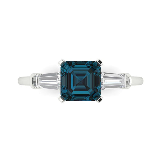 1.62 cttw Natural London Blue Topaz Three-Stone Engagement Ring - Solid White Gold (VVS1, Square Emerald Cut,6.5X6.5mm)