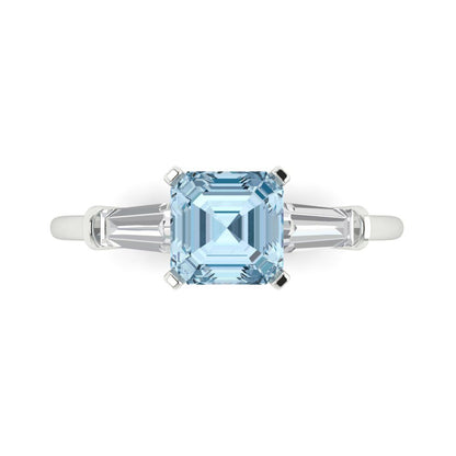1.62 cttw Zirconia Simulated Blue Diamond Three-Stone Engagement Ring - Solid Gold (VVS1, Square Emerald Cut,6.5X6.5mm)