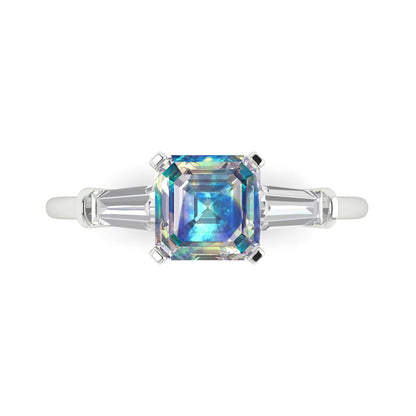 1.62 cttw Blue Moissanite Three-Stone Engagement Ring - Solid Gold (Square Emerald Cut,6.5X6.5mm)